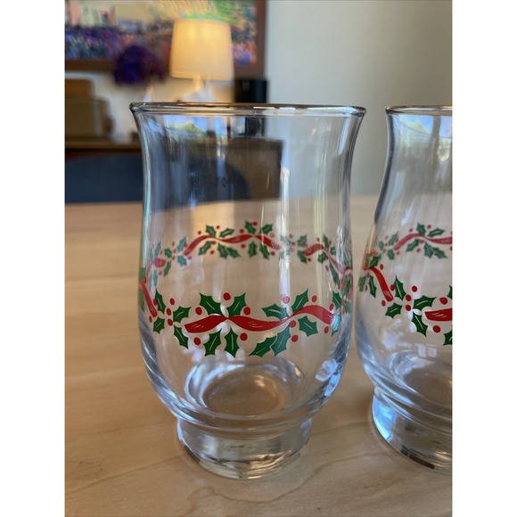 LOT OF 4 VINTAGE LIBBEY ARBY'S HOLLY RIBBONS GLASS TUMBLERS 5 1/4" Christmas Cup - Picture 2 of 13